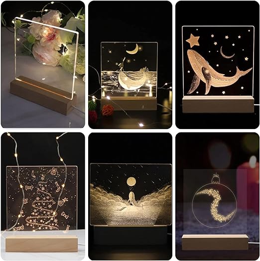 SNOOGG Heavy Duty Sagwan Wood LED Light Display Lamp Base Stand for Acrylic and Plexiglass, Wooden LED Table Lamp for Home 3D Laser Crystal Glass Resin Art. Warm White Light 6 INCH