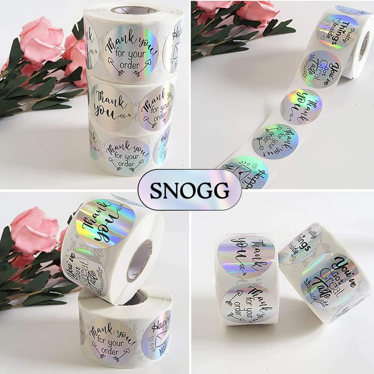 SNOOGG 1 Inch Holographic Rainbow Silver Thank You self Adhesive Stickers for Small Business, Online Sellers, Boutiques, Crafts, Gifts & More (Round 200)