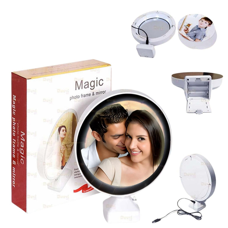 SNOOGG Magic Mirror LED Photo Frame: Light Up Your Memories! Illuminated Picture Display Circle Heart Ideal Gift for Birthday, Mother's Day, Anniversary, Wedding, Baby Born (White, Circle Size)