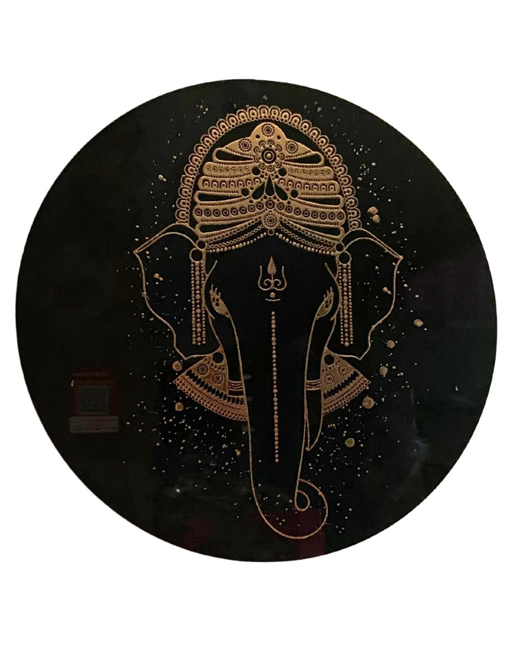 snoogg 12 inch uv reactive wall art in black and gold features contemporary ganesha imagery