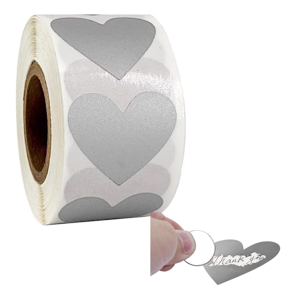 SNOOGG 300 Heart 1-Inch Silver DIY Scratch Off Stickers - Heart Shape Perfect for Reward Charts, Games, Business Promotions, Lottery Tickets, Events & Crafts
