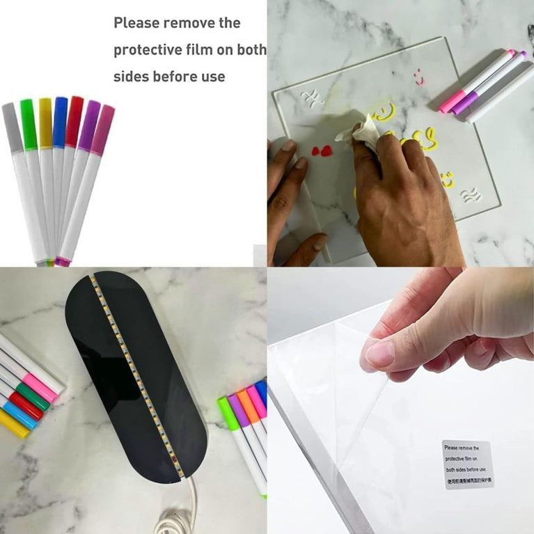 SNOOGG Glow Acrylic Drawing Tablet: 6 Pens, Glossy Finish, Dual-Color Strong LED Base. Erasable Illuminated Sign for Creative Room Art, Office Notes, Gifts.
