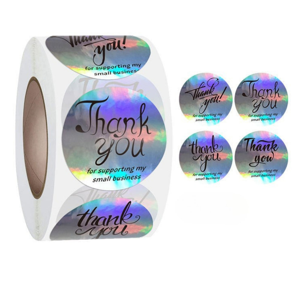 SNOOGG 1.5 Inch - 38 mm Holographic Rainbow Silver Thank You self Adhesive Stickers for Small Business, Online Sellers, Boutiques, Crafts, Gifts & More (100)