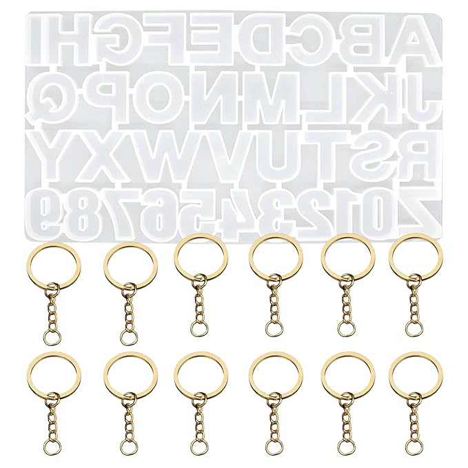 Snoogg Silicone Alphabet Resin,Number Molds for Resin Casting, DIY Craft, Letter Jewelry Making with 12 Pc of Gold Key Chain Ring