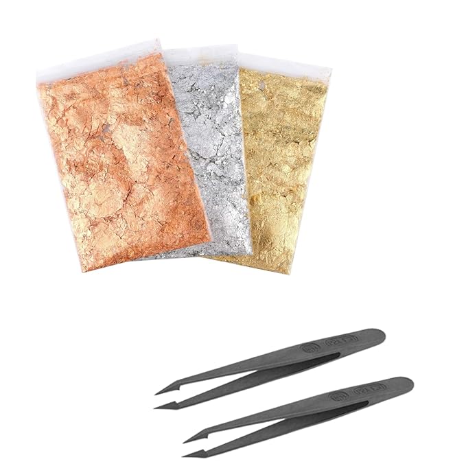 snoogg 3 packs of gold silver copper metallic foil flakes and 2 pc of twezzer for nail arts