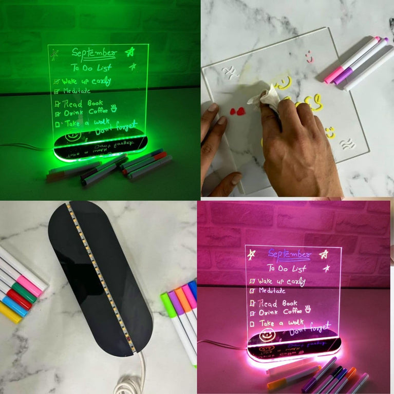 SNOOGG Glow Acrylic Drawing Tablet: 6 Pens, Glossy Finish, Dual-Color Strong LED Base. Erasable Illuminated Sign for Creative Room Art, Office Notes, Gifts.
