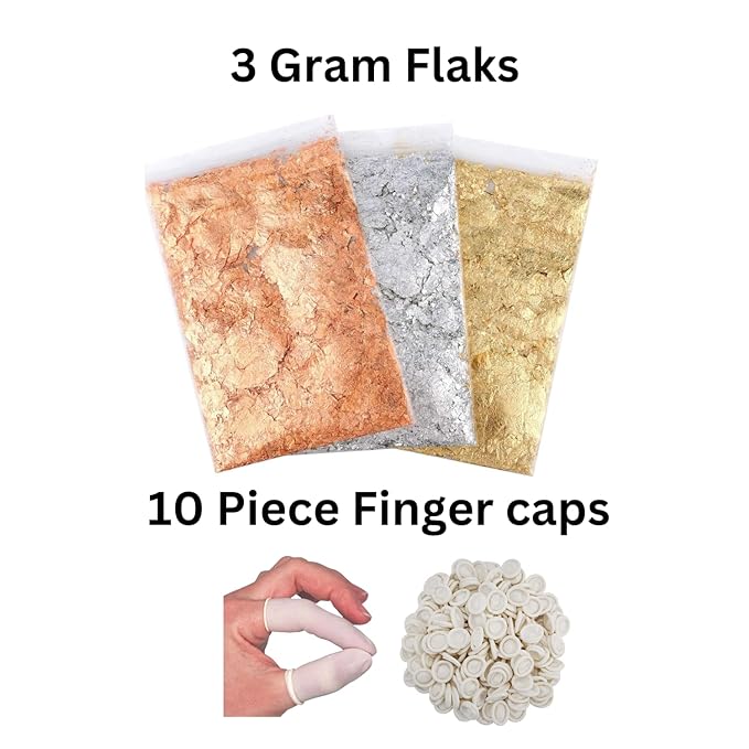 snoogg 3 packs of gold silver copper metallic foil flakes and 10 pc of finger caps for nail