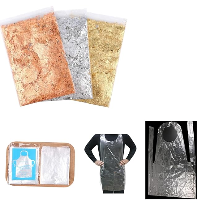 snoogg 3 packs of gold silver copper metallic foil flakes and 2 pc of apron for nail arts p