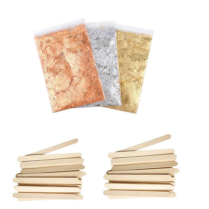 snoogg 3 packs of gold silver copper metallic foil flakes and 30 pc od wooden stick for nai