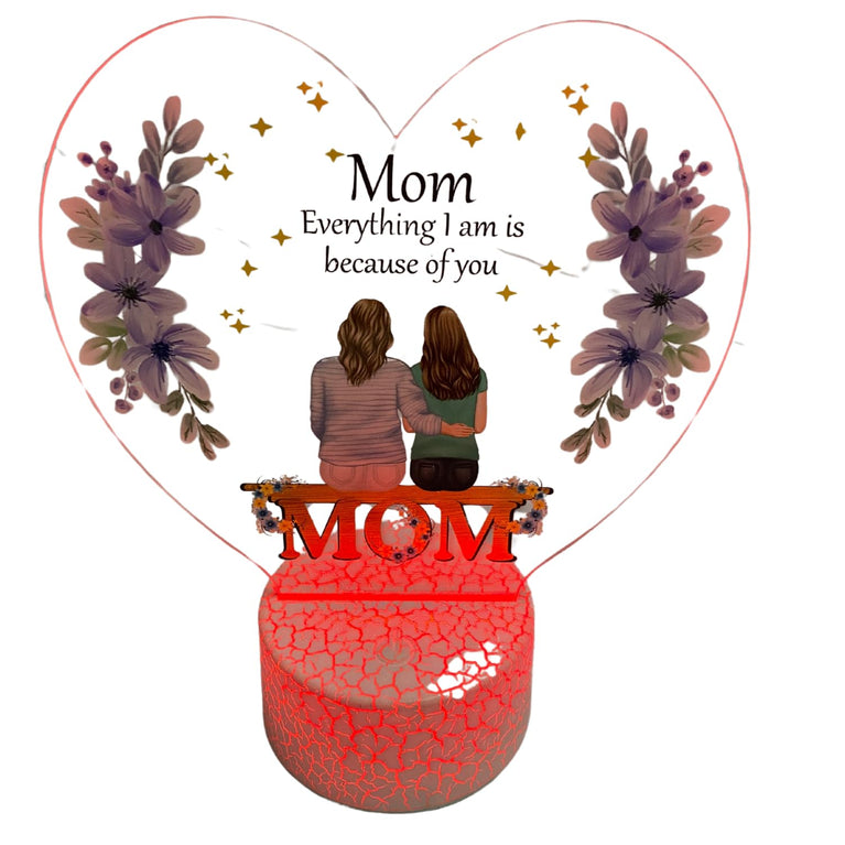 mom everything i am because of you led light up glass heart flower design on red heart shap