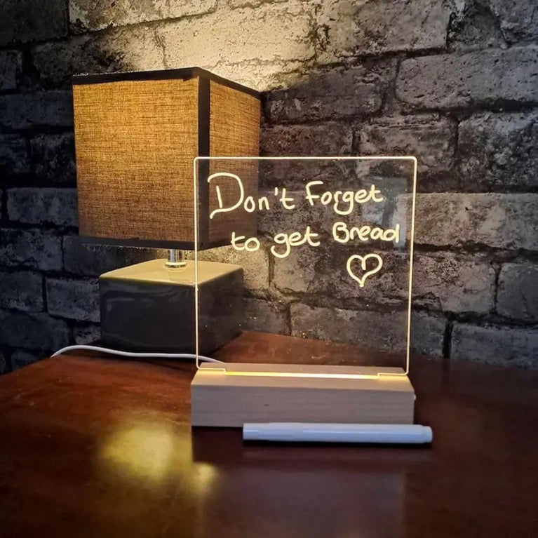 SNOOGG Erasable LED Sign, Wood Base: Acrylic Writing Board & 6 Pens. Ideal for Festival Message Displays, Office Memos & Illuminated Room Gifts