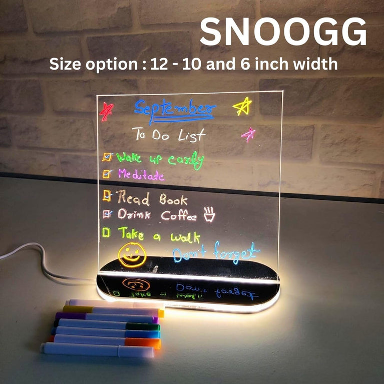 SNOOGG Glow Acrylic Drawing Tablet: 6 Pens, Glossy Finish, Dual-Color Strong LED Base. Erasable Illuminated Sign for Creative Room Art, Office Notes, Gifts.
