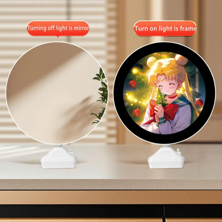 SNOOGG Magic Mirror LED Photo Frame: Light Up Your Memories! Illuminated Picture Display Circle Heart Ideal Gift for Birthday, Mother's Day, Anniversary, Wedding, Baby Born (White, Circle Size)
