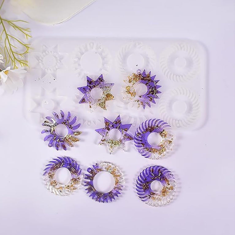 SNOOGG Cosmic Gears Suns Silicone Mold 8 Cavity Epoxy Resin Eco Gypsum Alternate to Jesmonite Casting for Jewelry Pendants Earrings Charms and Steampunk Crafts