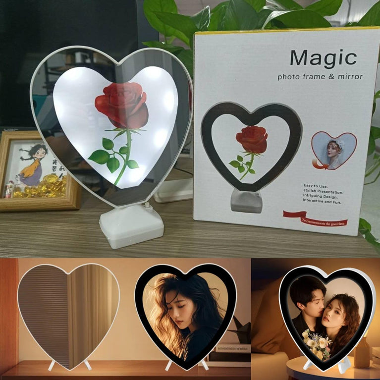 SNOOGG Magic Mirror LED Photo Frame: Light Up Your Memories! Illuminated Picture Display Circle Heart Ideal Gift for Birthday, Mother's Day, Anniversary, Wedding, Baby Born (White, Heart Shape Size)