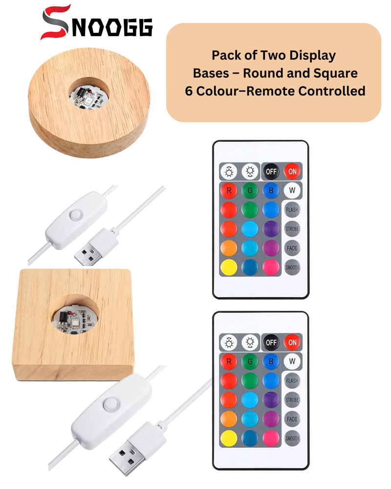 snoogg pack of 2 wood rgb 16 colour led light square and round pine wood display base stand