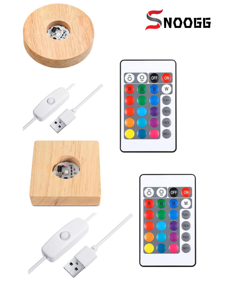 snoogg pack of 2 wood rgb 16 colour led light square and round pine wood display base stand