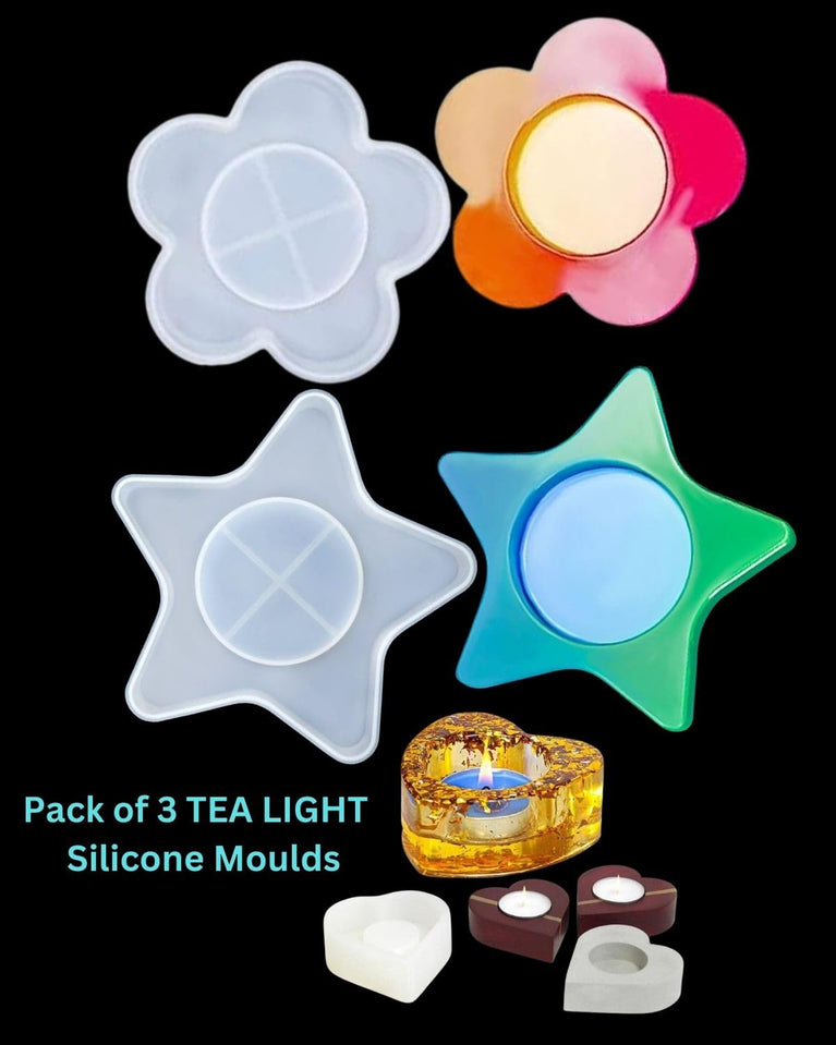 Snoogg Pack of 3 Tea Light Candles Flower Star and Heart Design Perfect for DIY and Home Decor Special Events Festivals Diwali Decoration Parties Dinners
