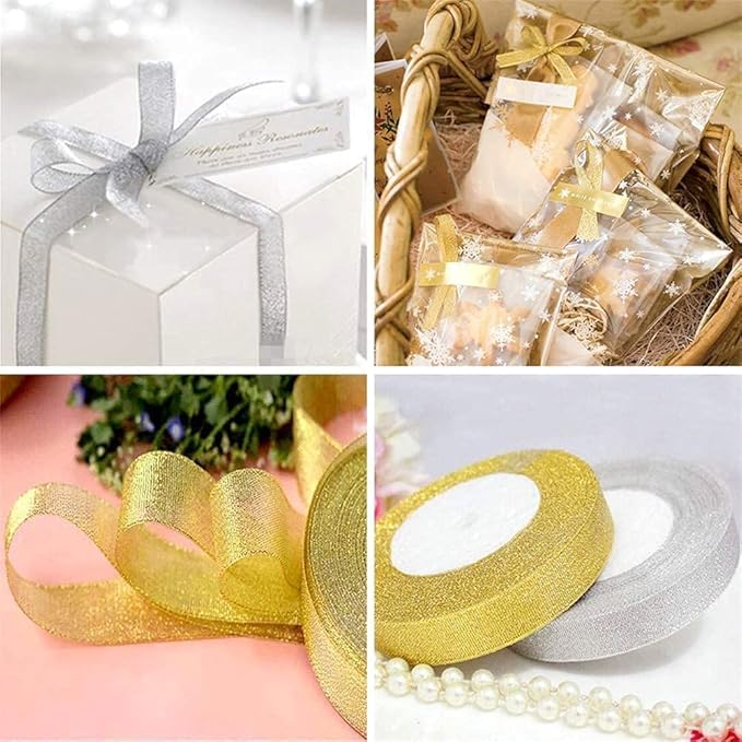 SNOOGG 15 mm Organza Metallic Glitter Silver Ribbon for DIY Craft, Gift Wrapping,Festival Decorations, Gift Bows, Wedding Packing, Party Decoration - 500 Yards