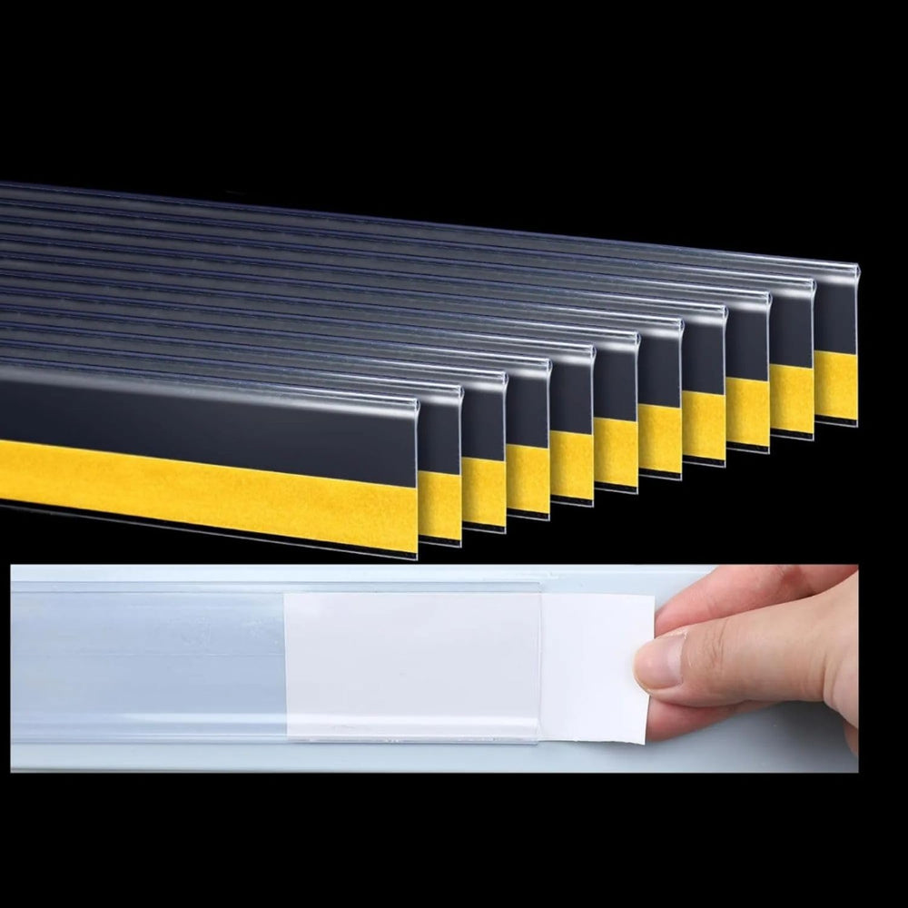 SNOOGG 12 Pack Clear Label Holder 35mm X 3 INCH Self Adhesive Shelf Name Badge Strip for Shopping Mall's, Kitchen Cabinet, Store Rack, Food Cover, Library, Pantry, Warehouse Bin & Counter Display. - Snoogg Art and Craft