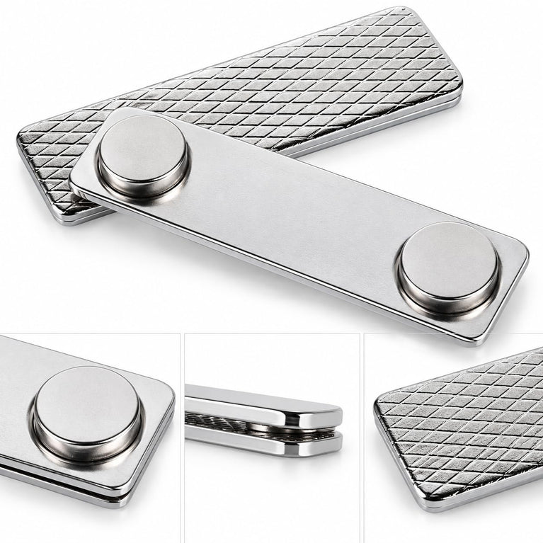 SNOOGG Stainless Steel Magnetic Name Badge Holder | No Pin No Hole ID Card Fastener | Strong Dual Magnet, 3M Adhesive Front Plate | 44mm x 13mm | Pack of 2