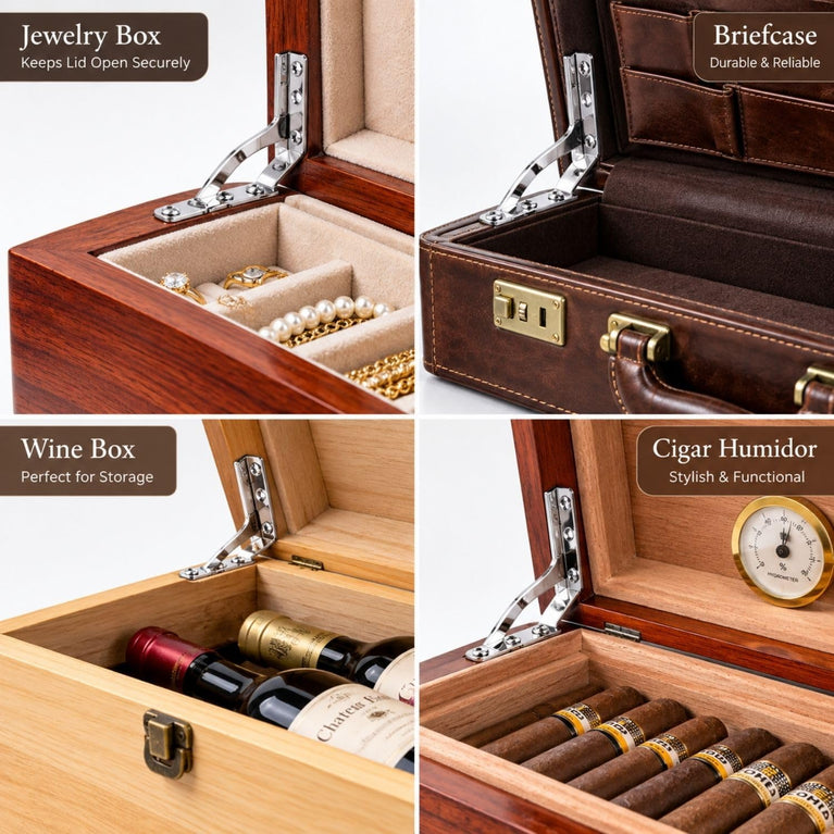 90 Degree Spring Loaded Lid Support Hinge Chrome Pack of 12 pcs, Self Locking Stay Hinge for Wooden Box, Case, Briefcase, Humidor, Jewelry Box, Cabinet Door, T-Shape Mount Hardware with Screw