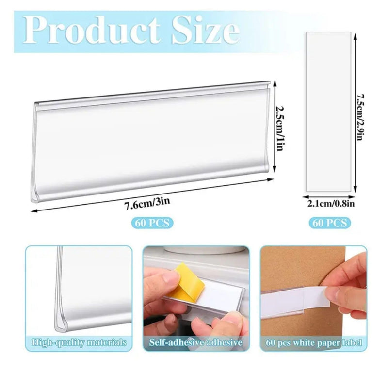 SNOOGG Clear Label Holder 25mm & 35mm Height, Self Adhesive Shelf Name Badge Strip for Kitchen Cabinet, Store Rack, Food Cover, Library, Pantry, Warehouse Bin & Counter Display,