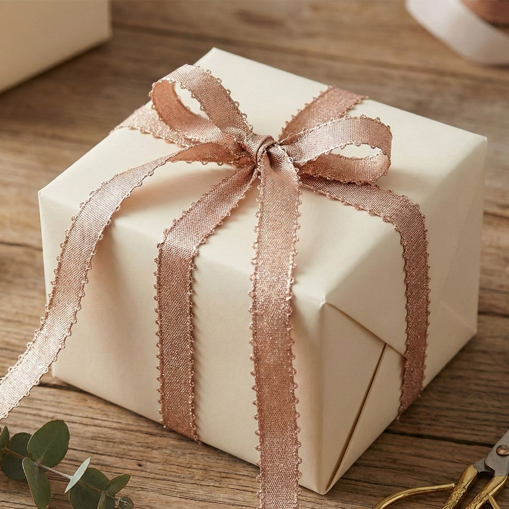 SNOOGG Rose Gold Lace Ribbon Trim 8 mm Narrow Width 100 Yards Roll for Gift Wrapping Wedding Invitations Craft Sewing Scrapbooking Card Making DIY Decoration