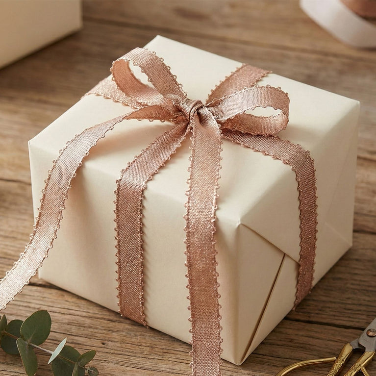 SNOOGG Rose Gold Lace Ribbon Trim 8 mm Narrow Width 100 Yards Roll for Gift Wrapping Wedding Invitations Craft Sewing Scrapbooking Card Making DIY Decoration