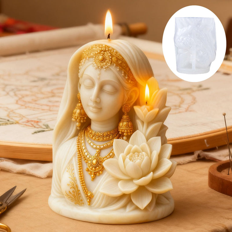 SNOOGG Indian Goddess Lotus Silicone Candle Mold for Resin Casting | Ethnic Bride Bust with Lotus Flower 3D Mold for Eco Resin, Epoxy, Concrete Crafts | Heavy Duty Reusable Liquid Silicone Mould