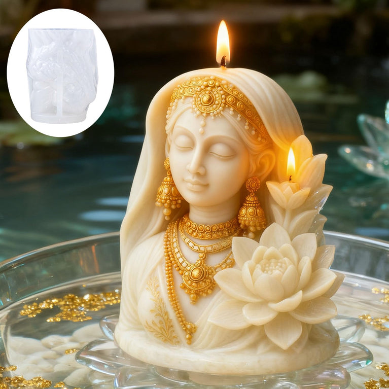 SNOOGG Indian Goddess Lotus Silicone Candle Mold for Resin Casting | Ethnic Bride Bust with Lotus Flower 3D Mold for Eco Resin, Epoxy, Concrete Crafts | Heavy Duty Reusable Liquid Silicone Mould