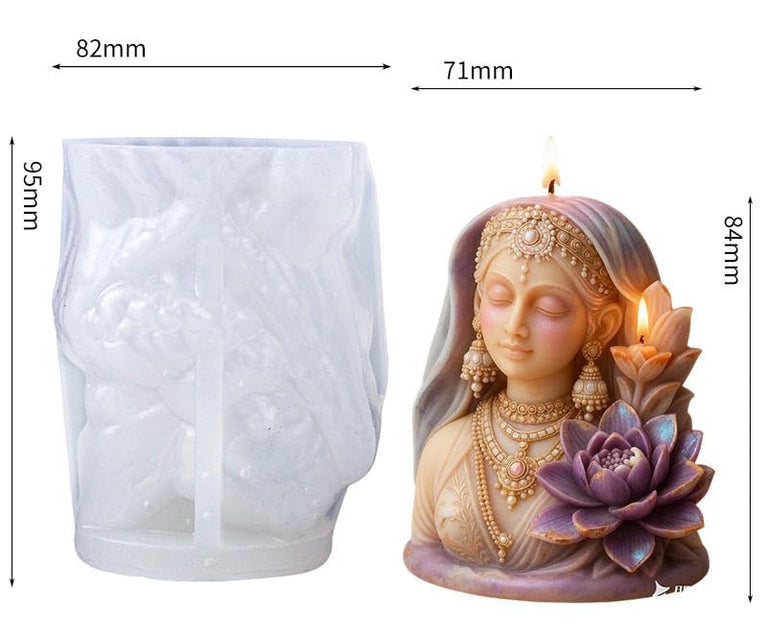 SNOOGG Indian Goddess Lotus Silicone Candle Mold for Resin Casting | Ethnic Bride Bust with Lotus Flower 3D Mold for Eco Resin, Epoxy, Concrete Crafts | Heavy Duty Reusable Liquid Silicone Mould