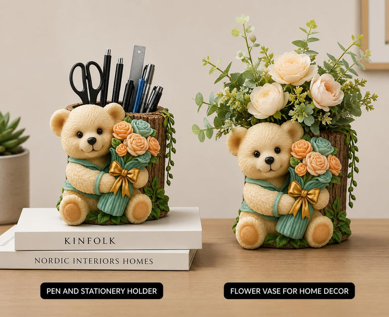 SNOOGG Teddy Bear with Rose Bouquet Silicone Mold for Resin Casting | Bear & Flower Planter 3D Mold for Eco Resin, Epoxy, Concrete Crafts | Heavy Duty Reusable Silicone Mould for Home Decor