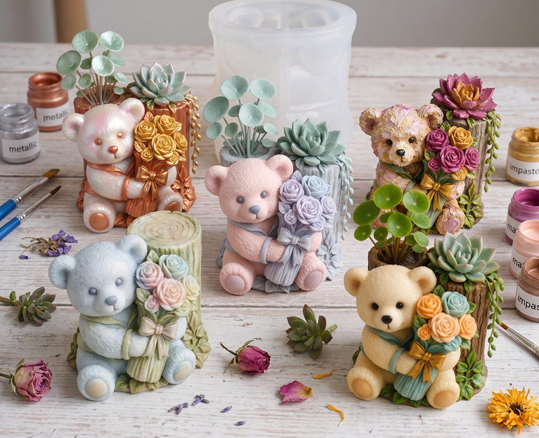 SNOOGG Teddy Bear with Rose Bouquet Silicone Mold for Resin Casting | Bear & Flower Planter 3D Mold for Eco Resin, Epoxy, Concrete Crafts | Heavy Duty Reusable Silicone Mould for Home Decor