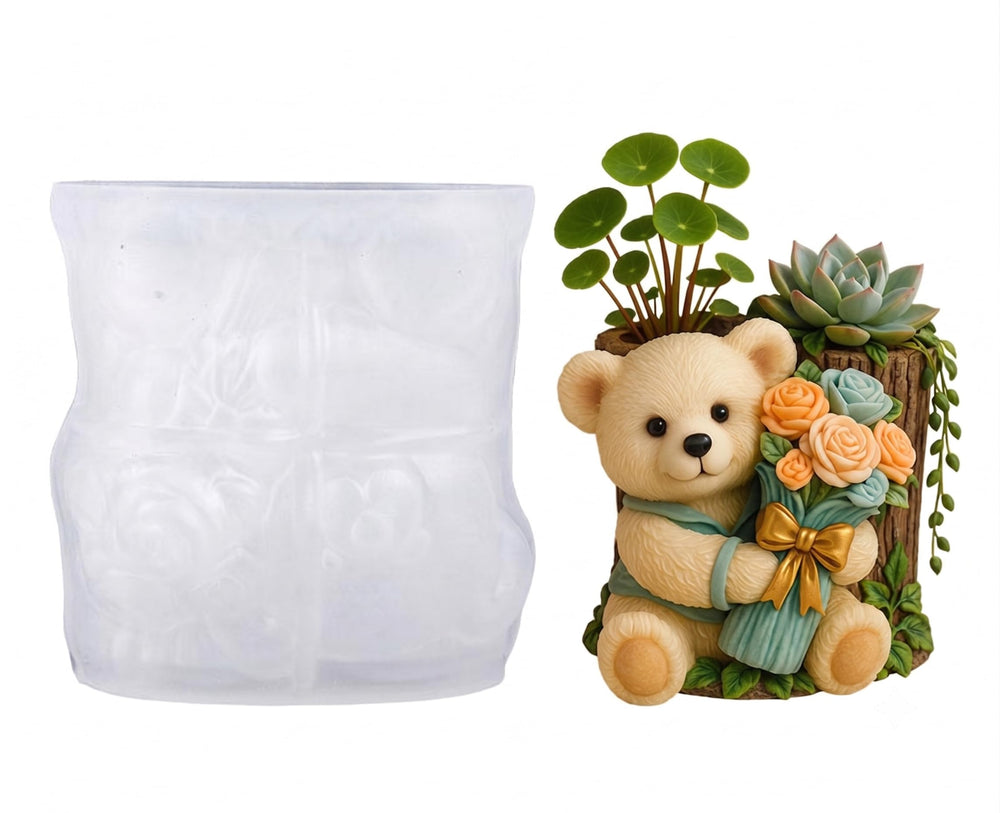 SNOOGG Teddy Bear with Rose Bouquet Silicone Mold for Resin Casting | Bear & Flower Planter 3D Mold for Eco Resin, Epoxy, Concrete Crafts | Heavy Duty Reusable Silicone Mould for Home Decor