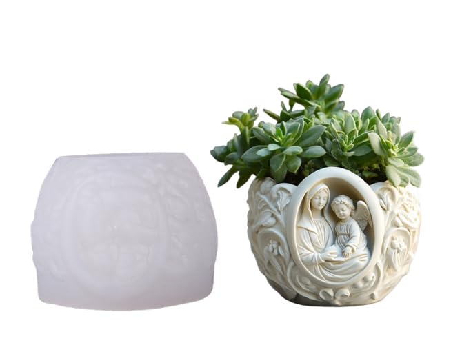 SNOOGG Madonna & Angel Floral Silicone Mold for Resin Casting | Religious Motif Planter & Candle 3D Mold for Eco Resin, Epoxy, Concrete Crafts | Heavy Duty Reusable Silicone Mould for Home Decor