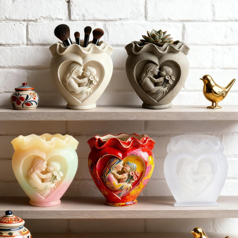 SNOOGG Mother & Child Heart Vase Silicone Mold for Resin Casting | Ruffled Heart Planter & Candle 3D Mold for Eco Resin, Epoxy, Concrete Crafts | Heavy Duty Reusable Silicone Mould for Home Decor