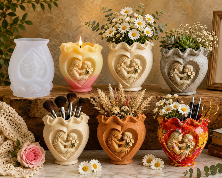 SNOOGG Mother & Child Heart Vase Silicone Mold for Resin Casting | Ruffled Heart Planter & Candle 3D Mold for Eco Resin, Epoxy, Concrete Crafts | Heavy Duty Reusable Silicone Mould for Home Decor