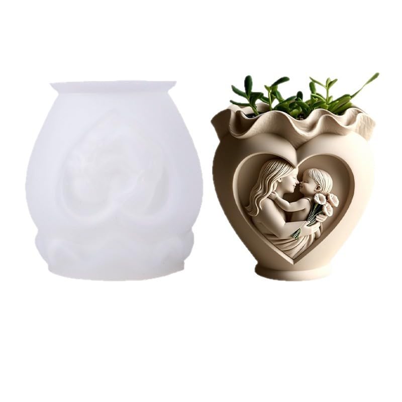 SNOOGG Mother & Child Heart Vase Silicone Mold for Resin Casting | Ruffled Heart Planter & Candle 3D Mold for Eco Resin, Epoxy, Concrete Crafts | Heavy Duty Reusable Silicone Mould for Home Decor