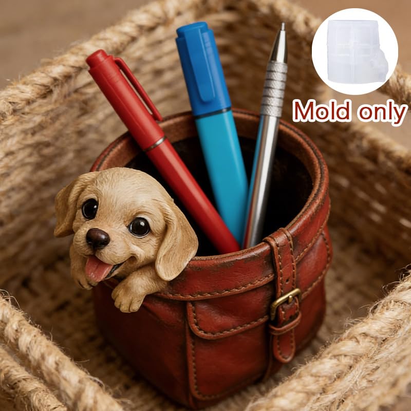 SNOOGG Puppy in Leather Bag Silicone Mold for Resin Casting | Dog Planter & Pen Holder 3D Mold for Eco Resin, Epoxy, Concrete Crafts | Heavy Duty Reusable Silicone Mould for Home Decor