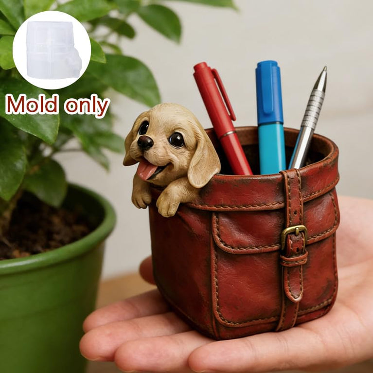 SNOOGG Puppy in Leather Bag Silicone Mold for Resin Casting | Dog Planter & Pen Holder 3D Mold for Eco Resin, Epoxy, Concrete Crafts | Heavy Duty Reusable Silicone Mould for Home Decor