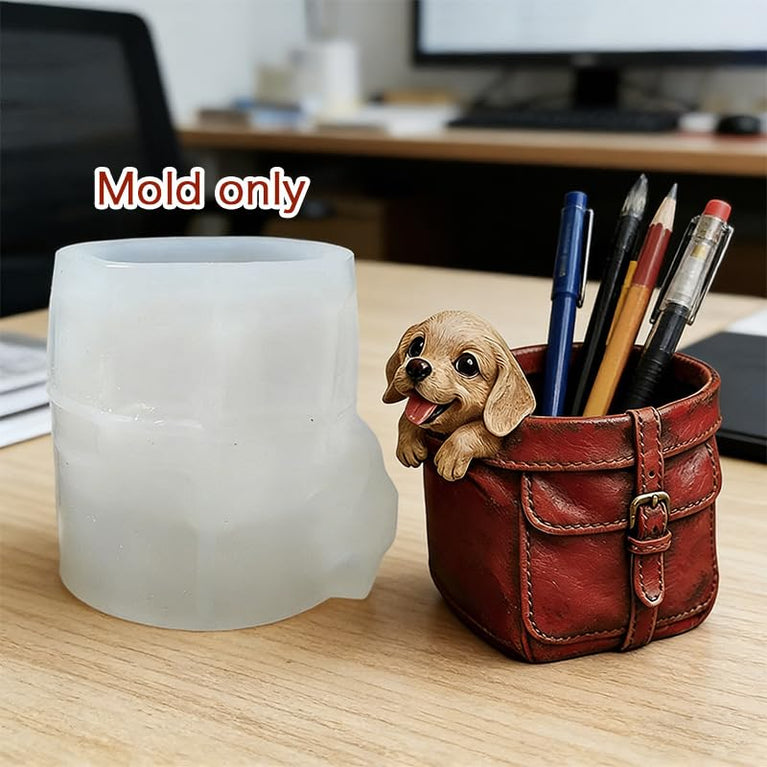 SNOOGG Puppy in Leather Bag Silicone Mold for Resin Casting | Dog Planter & Pen Holder 3D Mold for Eco Resin, Epoxy, Concrete Crafts | Heavy Duty Reusable Silicone Mould for Home Decor