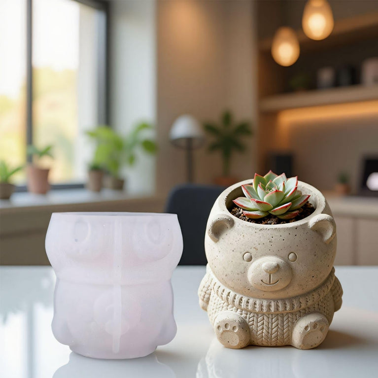 SNOOGG Silicone Mold Cute Sitting Teddy Bear Pot with Sweater Design for Eco Resin Crete Casting Planter Candle Holder Pen Stand DIY Craft Mold