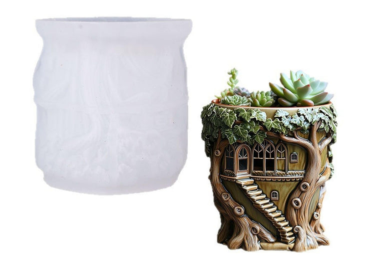 SNOOGG Silicone Mold Fairy Tree House Planter Pot Design for Eco Resin Crete Casting DIY Succulent Planter & Home Decor Mold
