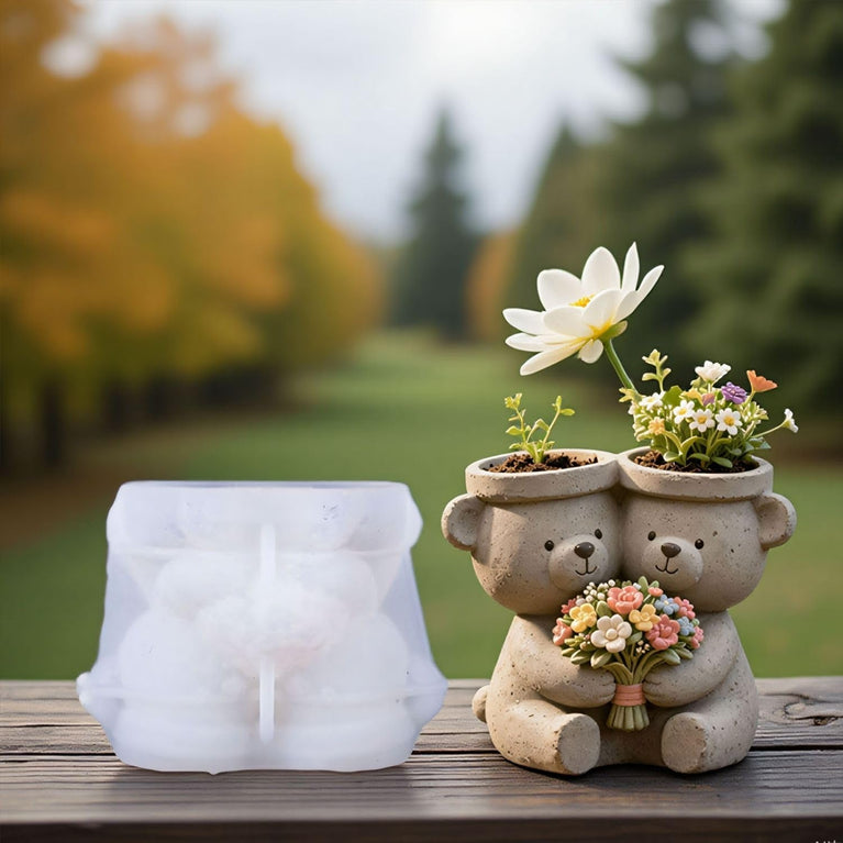 SNOOGG Silicone Mold Double Teddy Bear Planter Holding Flowers Design for Eco Resin Crete Casting DIY Succulent Pot & Home Decor Craft Mold