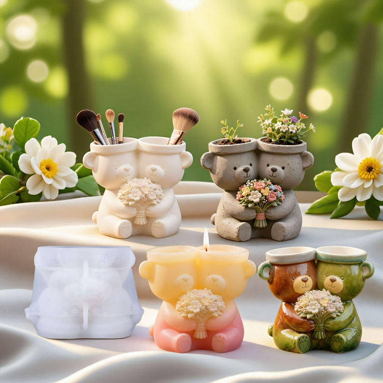 SNOOGG Silicone Mold Double Teddy Bear Planter Holding Flowers Design for Eco Resin Crete Casting DIY Succulent Pot & Home Decor Craft Mold