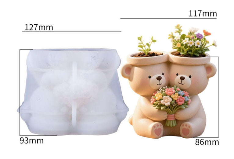 SNOOGG Silicone Mold Double Teddy Bear Planter Holding Flowers Design for Eco Resin Crete Casting DIY Succulent Pot & Home Decor Craft Mold