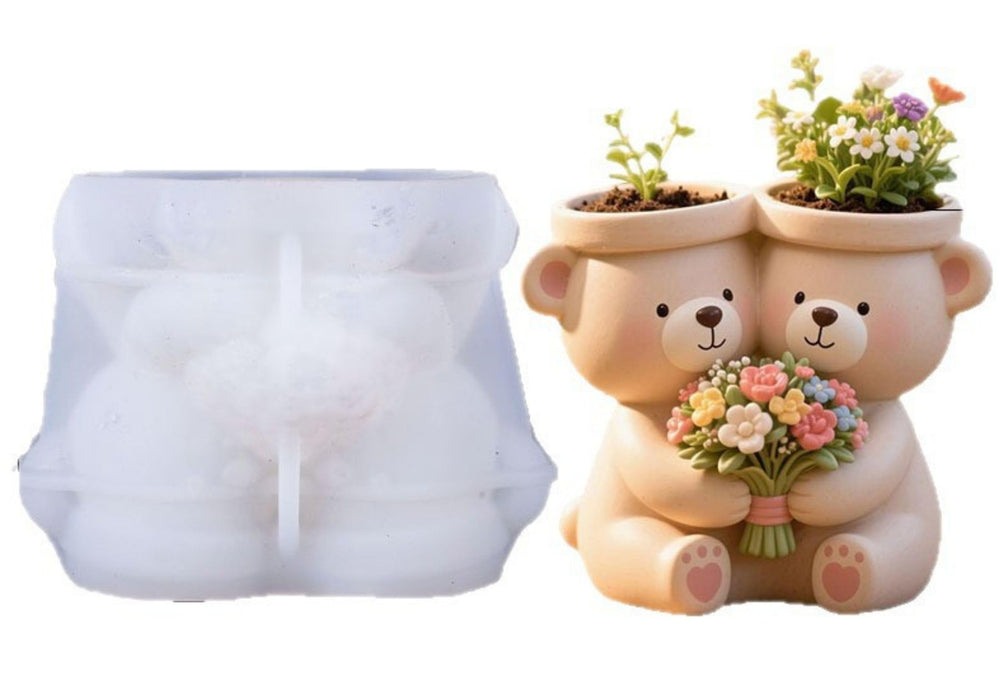 SNOOGG Silicone Mold Double Teddy Bear Planter Holding Flowers Design for Eco Resin Crete Casting DIY Succulent Pot & Home Decor Craft Mold