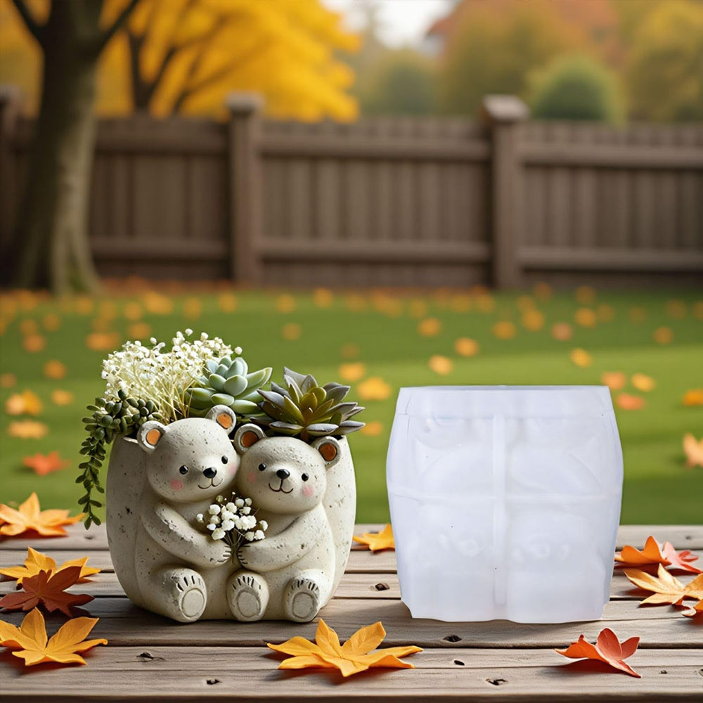 SNOOGG Silicone Mold Cute Couple Teddy Bear Hug Planter Design for Eco Resin Crete Casting DIY Succulent Pot Home Decor Craft Mold