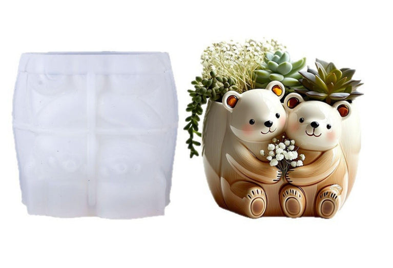 SNOOGG Silicone Mold Cute Couple Teddy Bear Hug Planter Design for Eco Resin Crete Casting DIY Succulent Pot Home Decor Craft Mold
